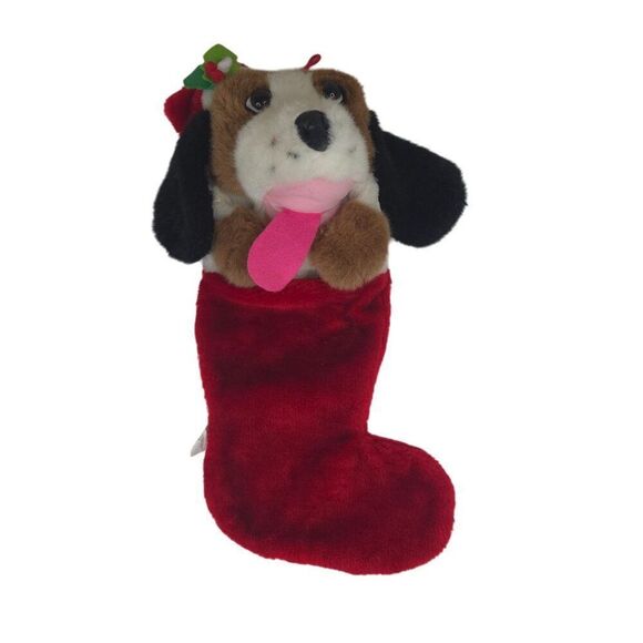 Vintage 90s Dog Plush Christmas Stocking Santa Hat Holly Berries 18" - Picture 1 of 4